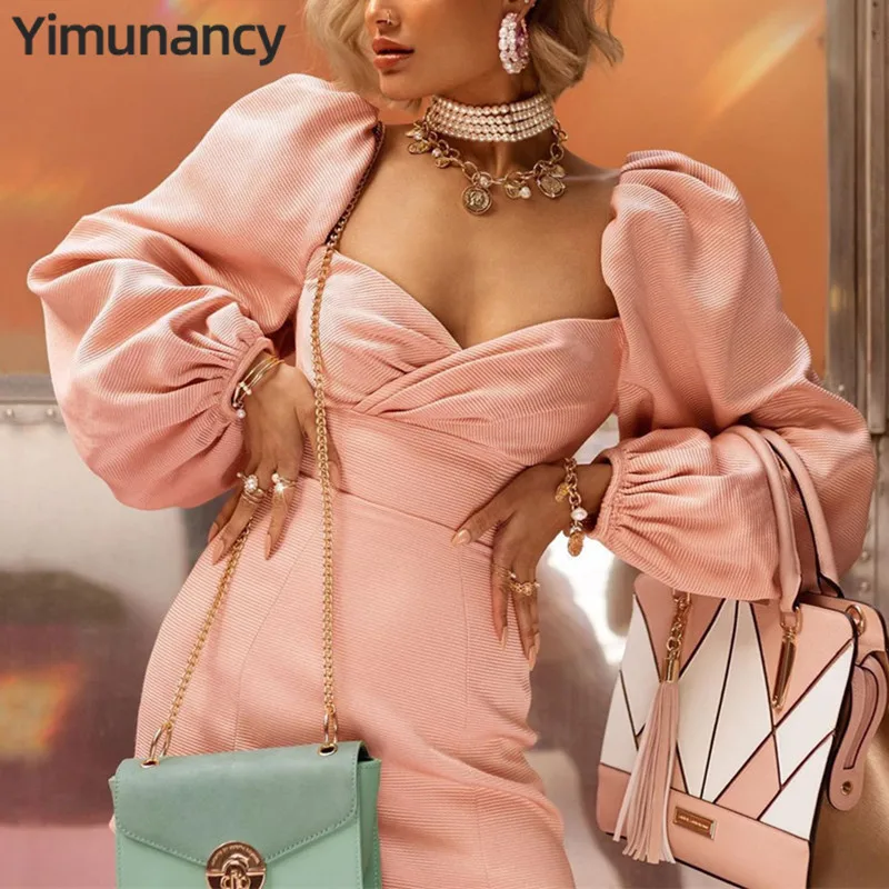 Yimunancy, осеннее платье с пышными рукавами, женское облегающее платье с v-образным вырезом и высокой талией, розовое вечернее платье с длинным рукавом, платья