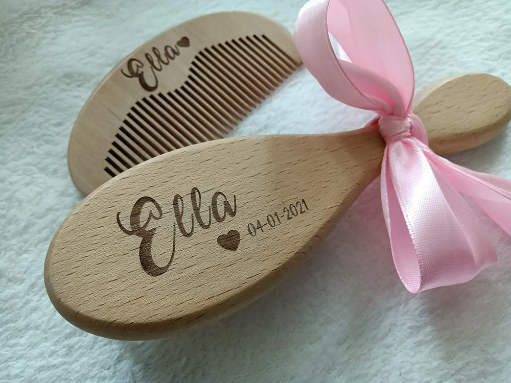 Name Baby Bathing Comb Baby Care Hair Brush Pure Natural Wool Wood Comb Newborn Massager Shower and Registry Gift