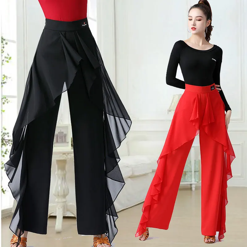 Latin Dance Pants Practice Ballroom Dance Wide-Leg Pants Modern Women's High Waist Ruffle Wide 5XL dance pants