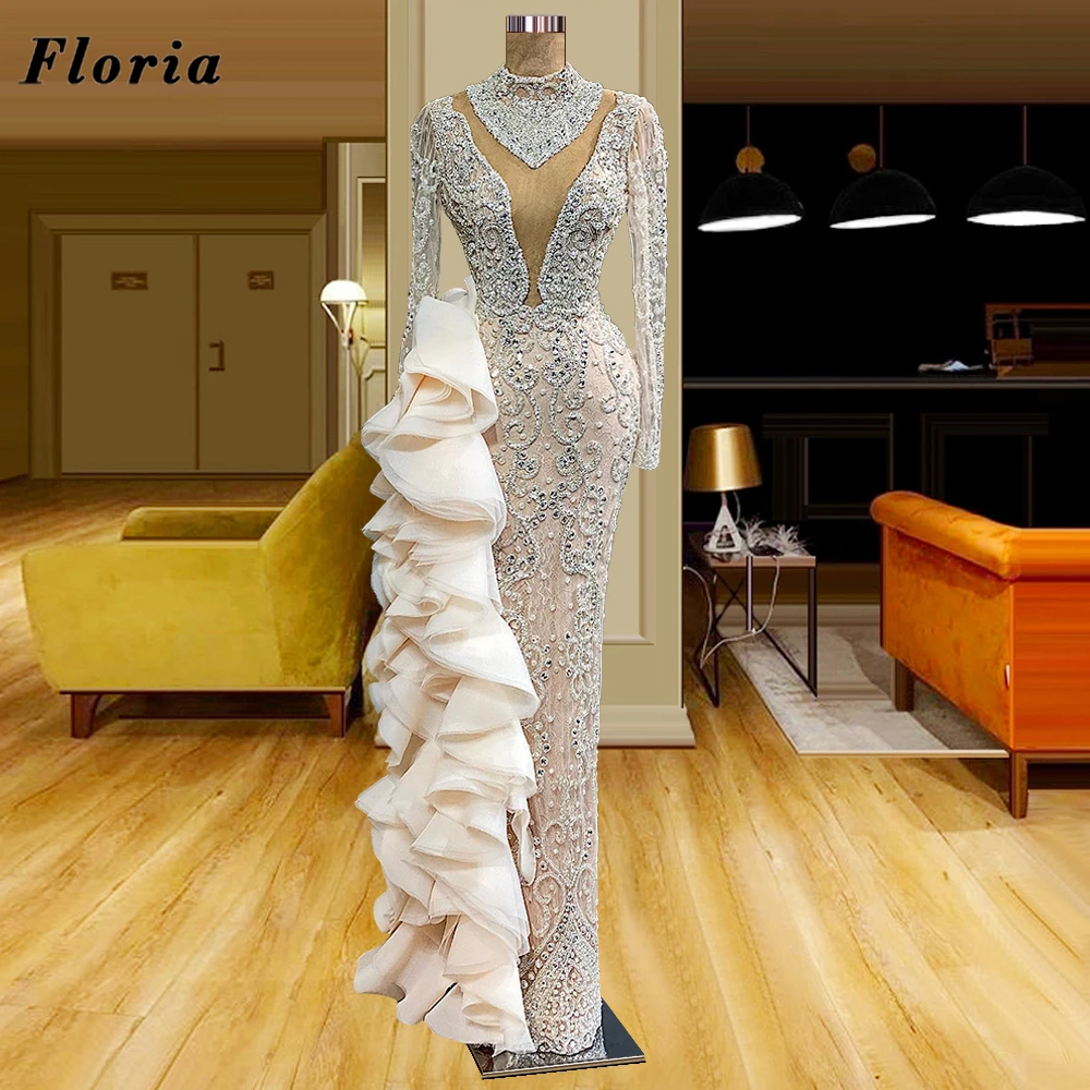 

Floria Heavy Beaded Evening Dresses For Dubai Arabic 2022 Long Sleeves Crystal Middle East Celebrity Party Gowns Vestidos Longo