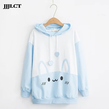 

rabbit ear graphic fashion sweatshirt cute pink blue pullover spring and autumn japanese style cute rabbit lady hoodie