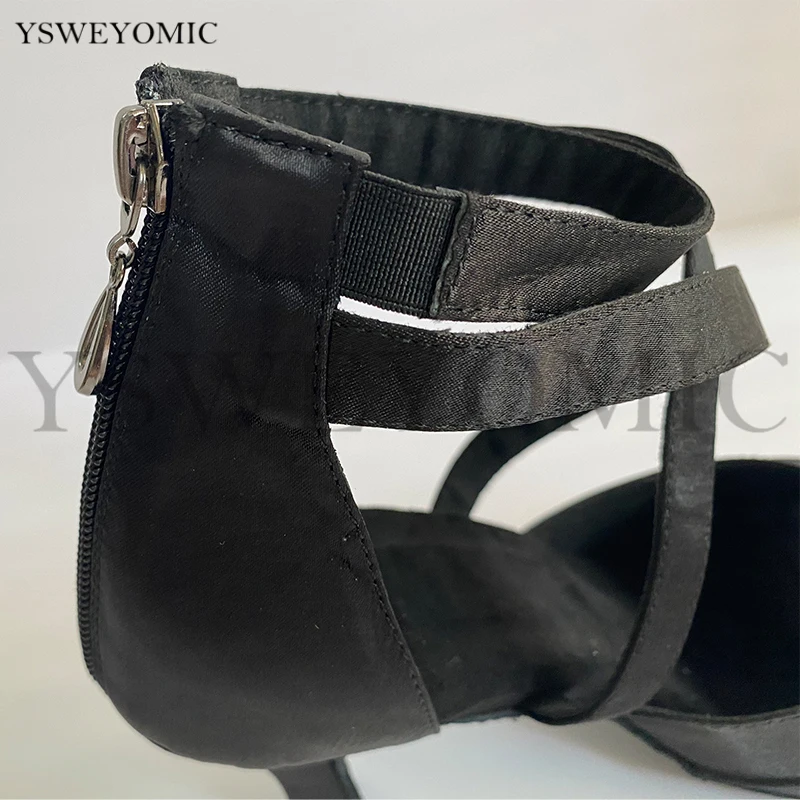 Salsa Women Dance Shoes Suede Outsole Medium Heel 7cm Black Satin Latin Ballroom Dance Shoes