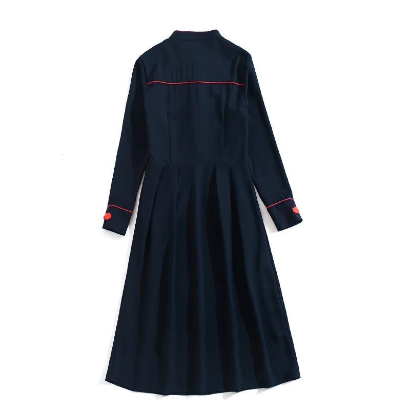 SEQINYY уличное платье осенне-зимнее Новое модное дизайнерское женское платье с красной пуговицей темно-синего цвета до колена ТРАПЕЦИЕВИДНОЕ Повседневное платье