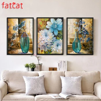 

FATCAT Still life flowers and vase diy Diamond Painting Triptych full square round mosaic diamond Embroidery Decoration AE1603