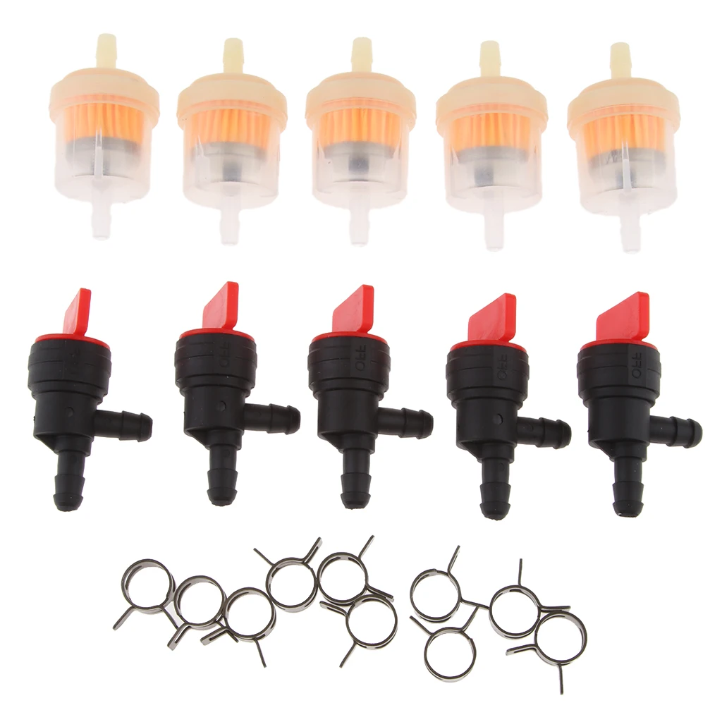 5Pcs 1/4 Inline Fuel Filters + 5Pcs 1/4 Shut Off Valves + 10Pcs Hose Clamps for    698181 697944