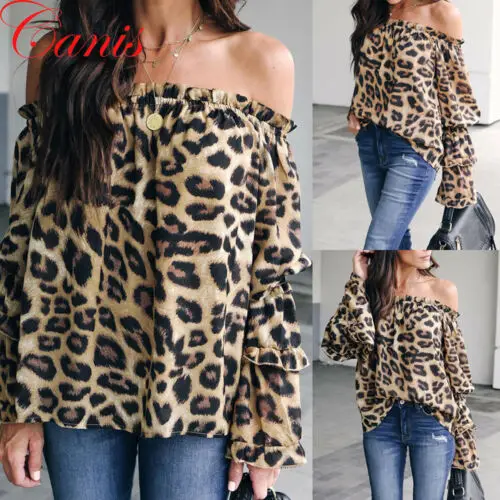 

Fashion Sexy Long Sleeve Leopard Print Off Shoulder Loose Shirt Casual Blouse Women Plus Size Tops New