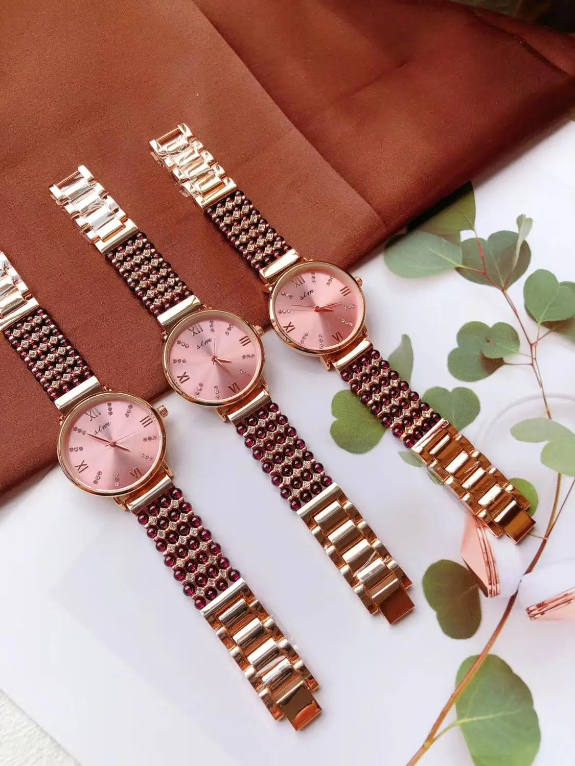 

natural garnet stone bracelet & 33mm watch DIY jewelry for woman waterproof watch for summer beach wholesale !