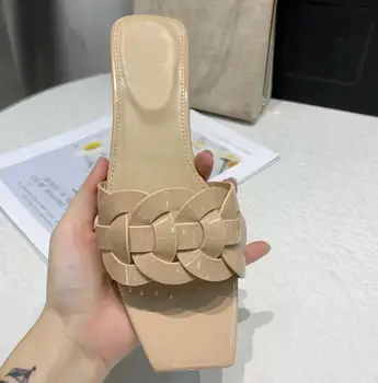 

2020 Latest Summer One Strap Ladies Flat Bottomed Slippers Open Toe Real Leather Cross Weaving Outdoor Slippers Woman