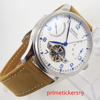 

43mm PARNIS blue hands white dial leather strap power reserve ST automatic movement mens watch