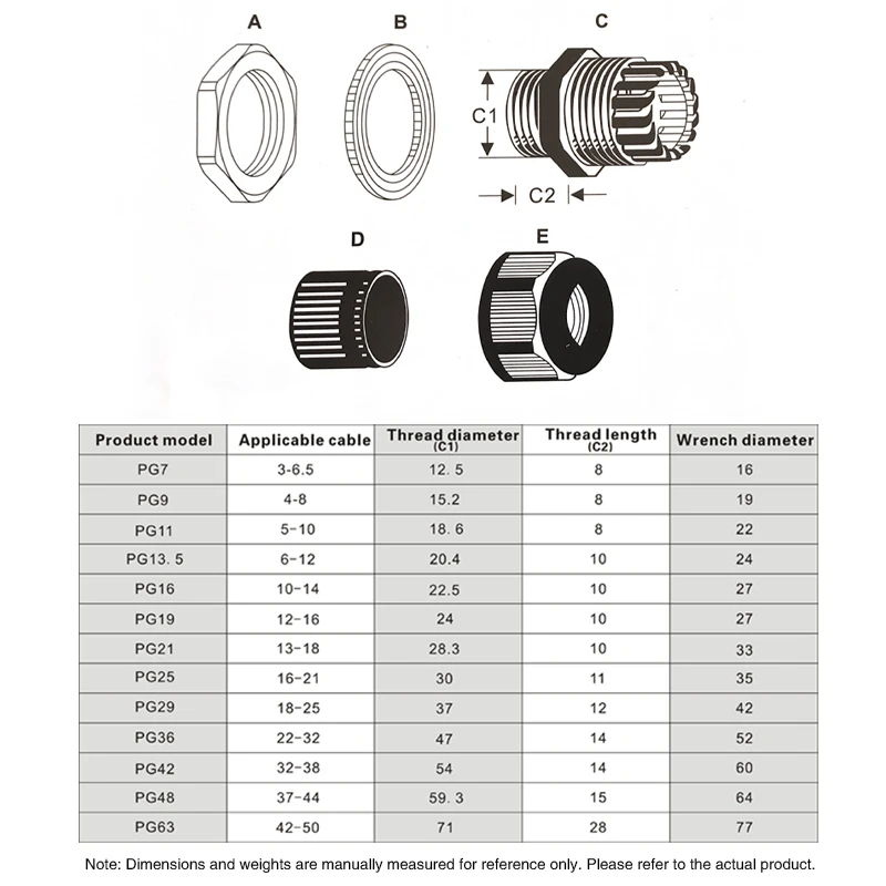 100PCS Waterproof Cable Gland Connector IP68 PG7 Cable For 3-6.5mm PG9 PG11 Waterproof Washer PG13.5 PG16 PG19 PG21Nylon Plastic cable gland