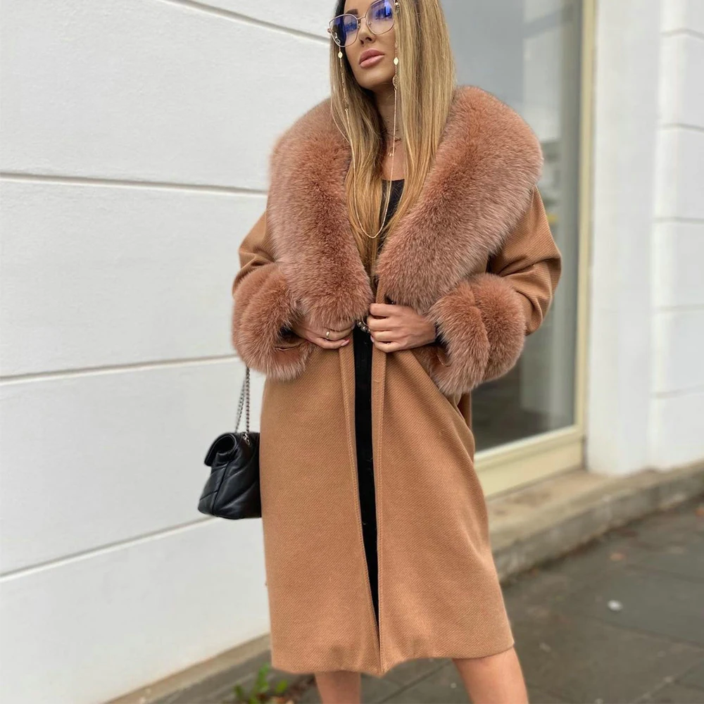 Women Winter Long Wool Blends Coat with Fox Fur Collar Thick Warm Winter Fashion Fur Ovrercoat Genuine Fox Fur Cashmere Coats