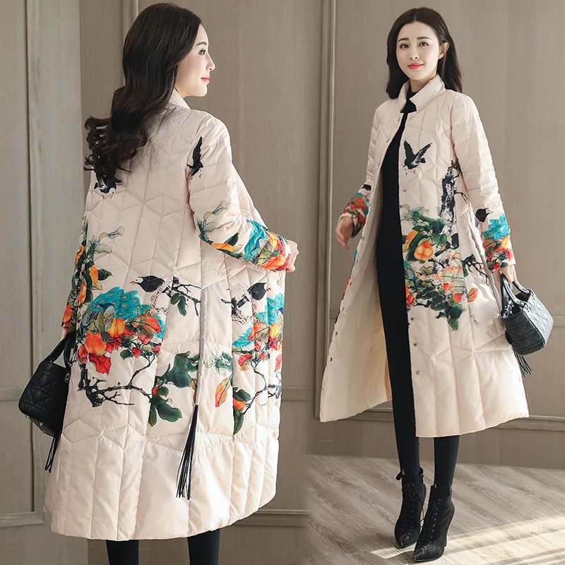 

2019 Winter New Style Nation Long Printed Cotton-padded Clothes WOMEN'S Coat Slim Fit Warm Literature And Art WOMEN'S Dress down