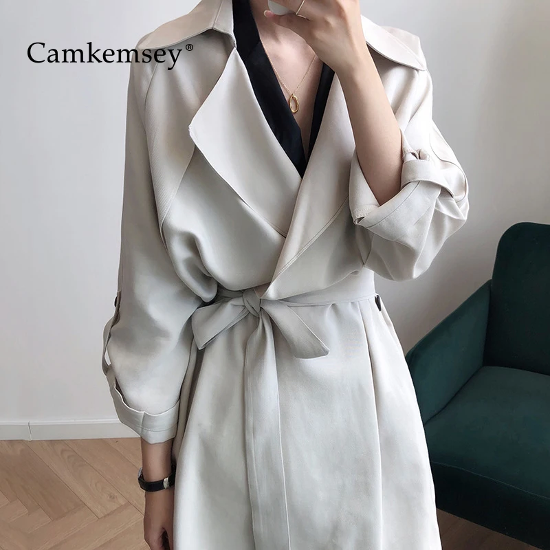 

CamKemsey Autumn Casual Long Trench Coats For Women Spring Long Sleeve Turn Down Collar Brief Solid Work Suits Coats