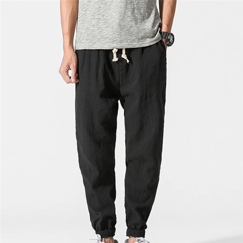Хлопковые льняные повседневные шаровары для мужчин джоггеры мужские летние