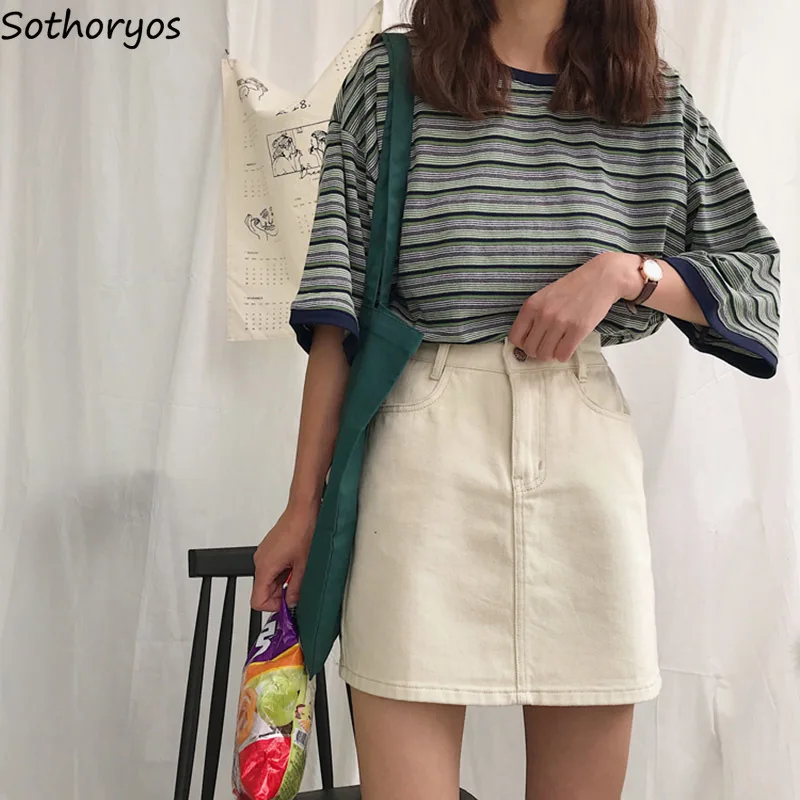 

Skirts Women Simple Denim Pockets All-match Solid Trendy Students Womens Summer Korean Style Elastic Waist Single Button Skirt