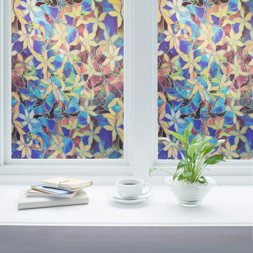 WXSHSH Stained Glass Window Film Privacy Static Cling Decorative Glass Film Magnolia Pattern Window Covering Blackout Film