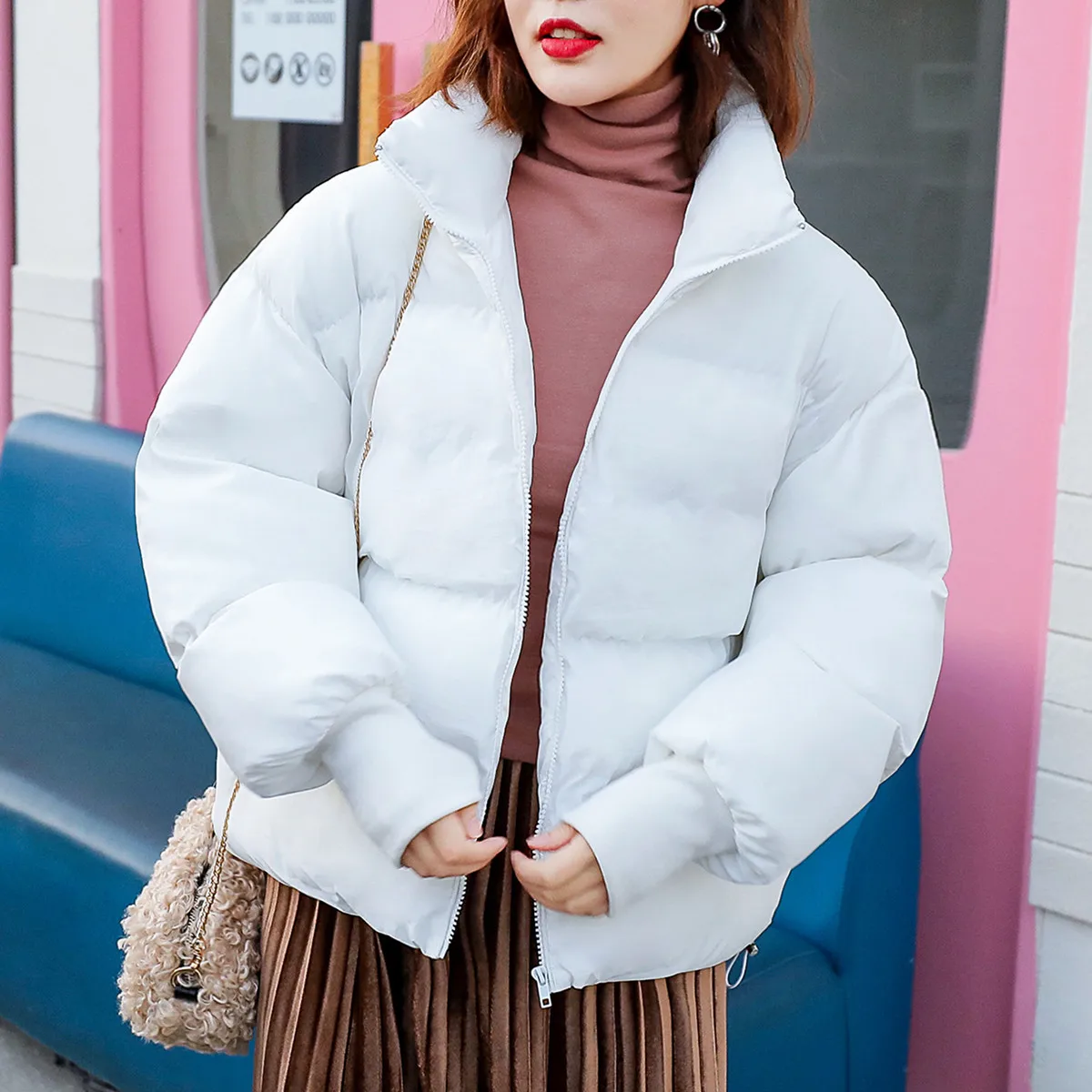 

Solid Color Street Stand Collar Zipper 2018 Winter Long Sleeve Short Straight-Cut-Style Simple Cotton Overcoat