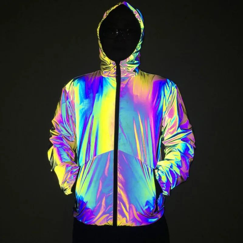 

Men New Colorful Reflective Jacket Loose Large Size Rainbow Color Luminous Hooded Jacket Hip Hop Street Singer Windbreaker coats