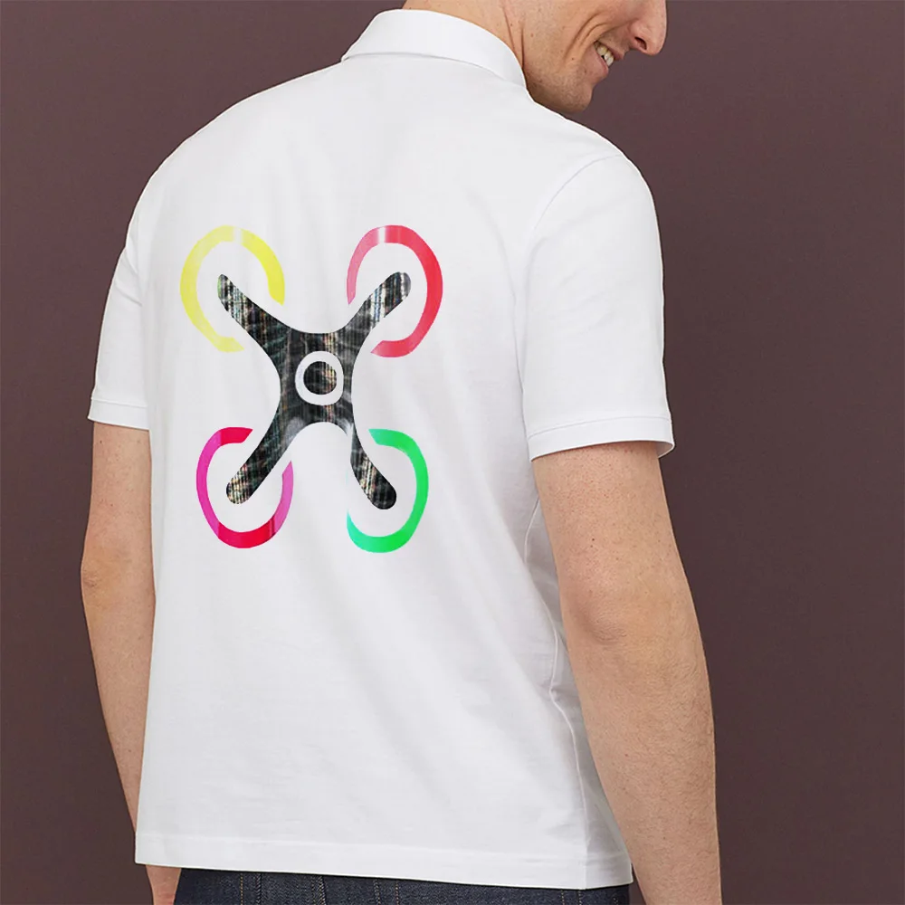 

2020 Fashion Casual Metal Style Heat Transfer Color Block Drone Logo Men Clothing White Polo Shirt Men