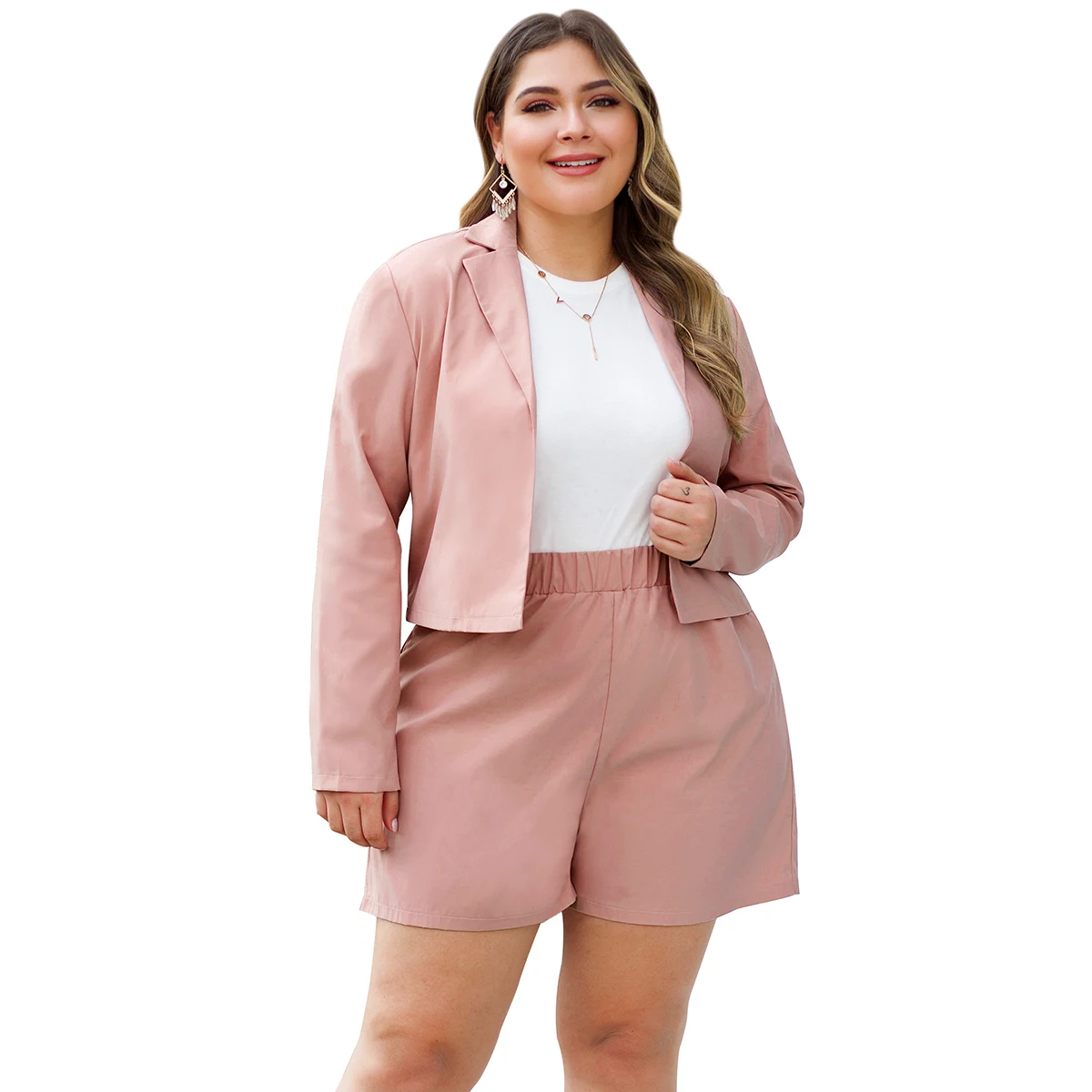 

Plus XL-4XL Women's Two-piece Set Long Sleeve blazer jacket Wide Leg Shorts Fashion Daily Office Pink Suit Big Size