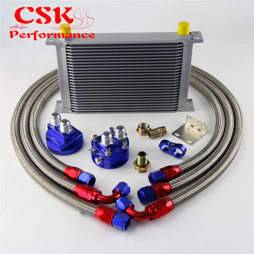 25 Row AN10 Universal Engine Transmission Oil Cooler British Type + Filter Adapter Kit Blue |