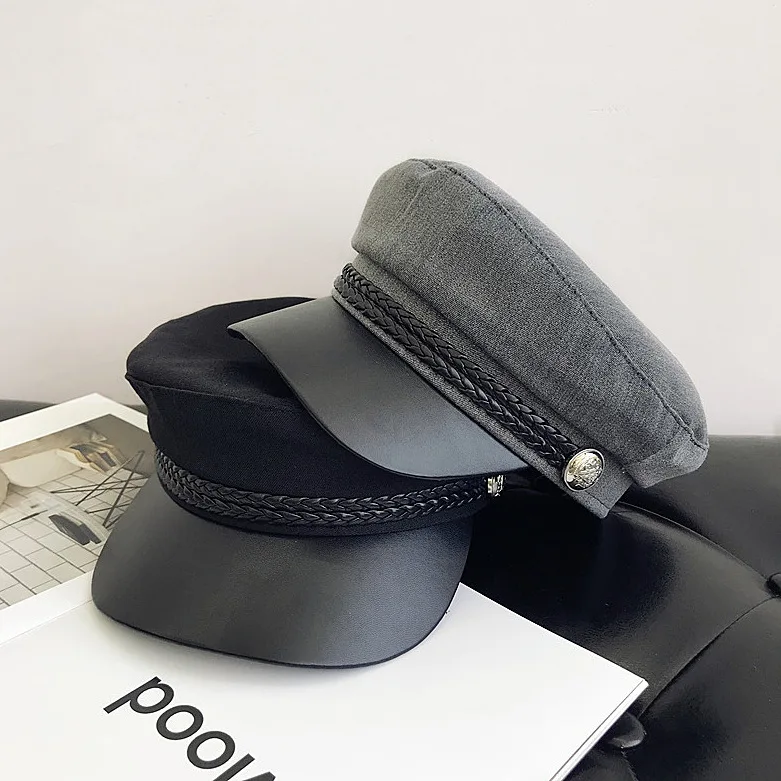 Черная Женская кепка для путешествий, Кепка Капитана, модная шапка из искусственной кожи в стиле милитари, осенне-зимняя шерстяная шляпа моряка для женщин и мужчин
