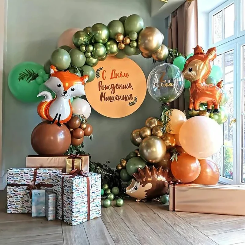 Forest Animal Fox Squirrel Hedgehog Raccoon Foil Balloons Retro Olive Green Latex Globos Baby Shower Birthday Party Decorations | Дом и сад