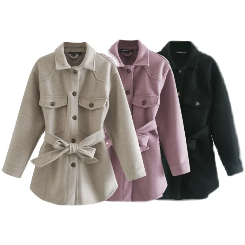 

Women 2021 Fashion With Belt Loose Woolen Jacket Coat Vintage Long Sleeve Side Pockets Female Outerwear Chic Overcoat A108