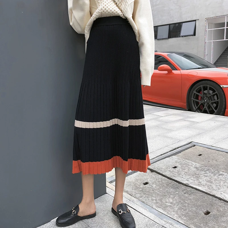 New Autumn Winter Warm Pleated Skirts Womens High Waist Contrast Color Knitted Midi Skirt Korean Style Ladies A Line Skirt Falda - Цвет: Черный