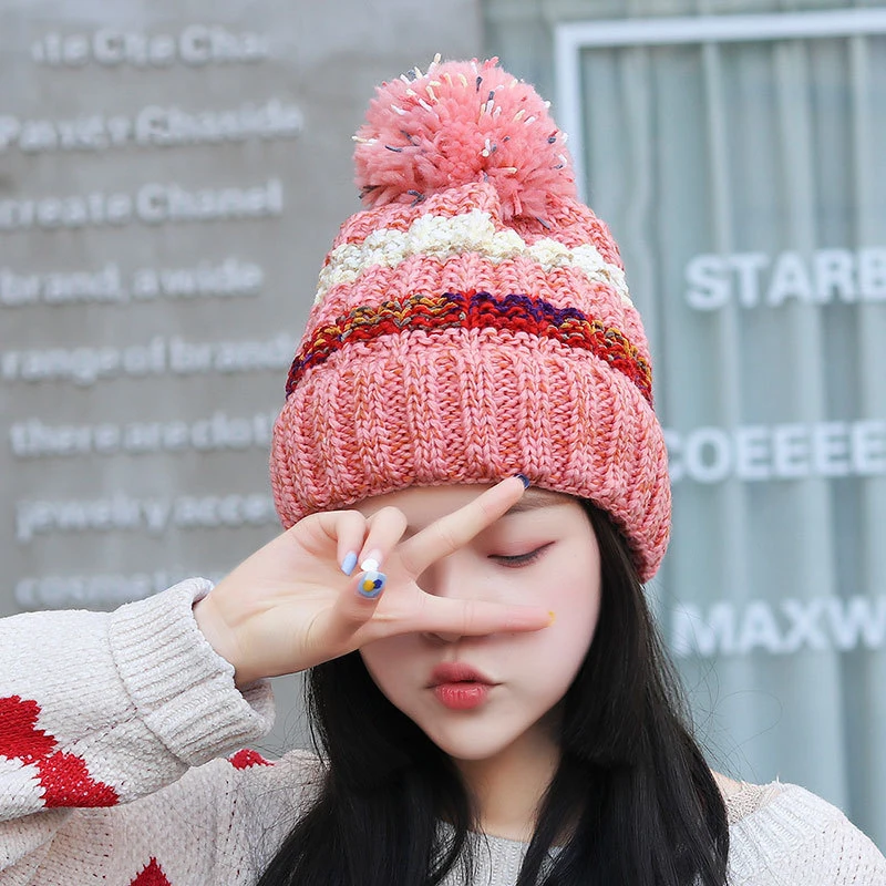 2021 New Korean Women's Hat Winter Plus Velvet Cold-Proof Ear Protection Woolen Fashion Color Matching Thick Knitted | Аксессуары