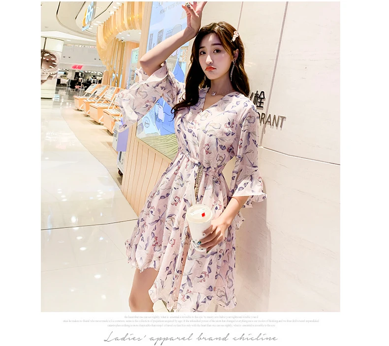 Boho Style Chiffon Dress Women New Summer Ruffles Sleeve V-neck Floral Print Dress Female Beach Tunic Party Dress Vestido