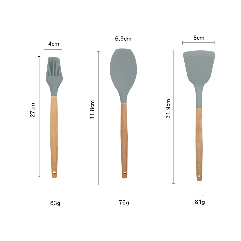 Силиконовая кухонная утварь, набор кухонной утвари, антипригарный термостойкий силикон, кухонная посуда с деревянной ручкой