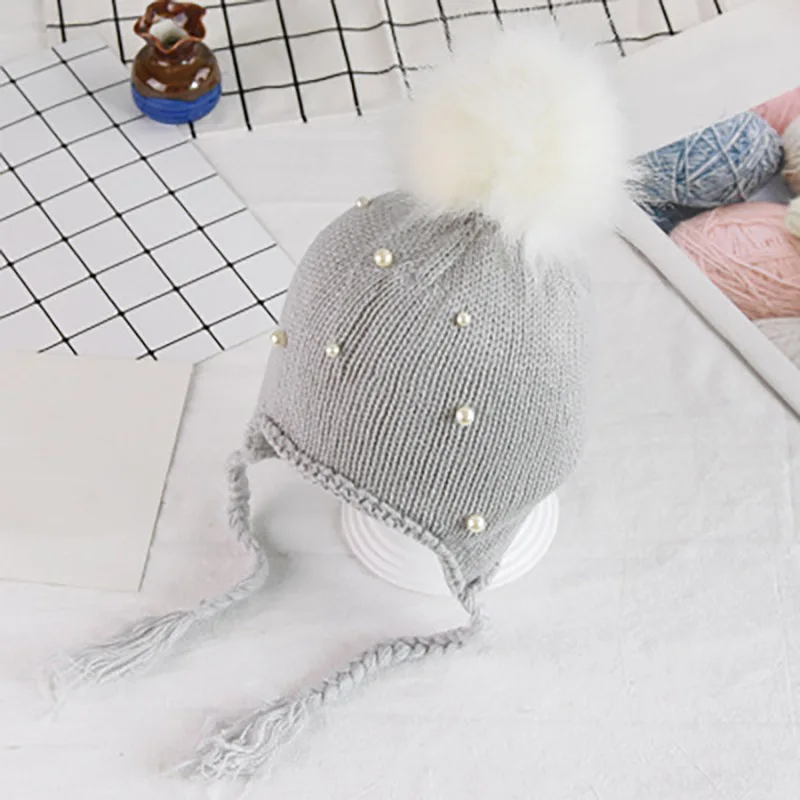 Geebro/модные милые однотонные детские шапки-бини с кисточками; милая шапка с помпоном; милая детская шапка с черепом; сезон зима-осень для маленьких девочек - Цвет: Gray S