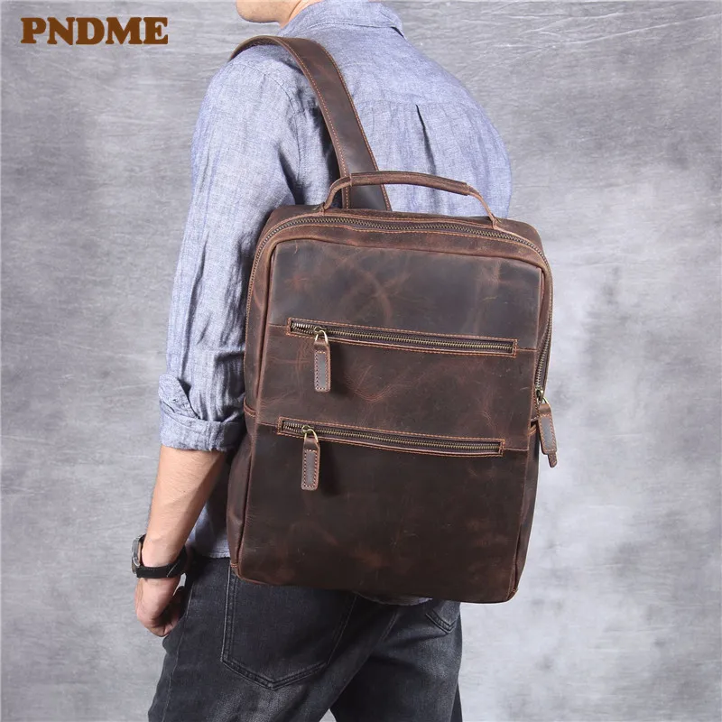

PNDME large capacity crazy horse cowhide men's backpack vintage handmade genuine leather ladies travel luxury laptop bagpack