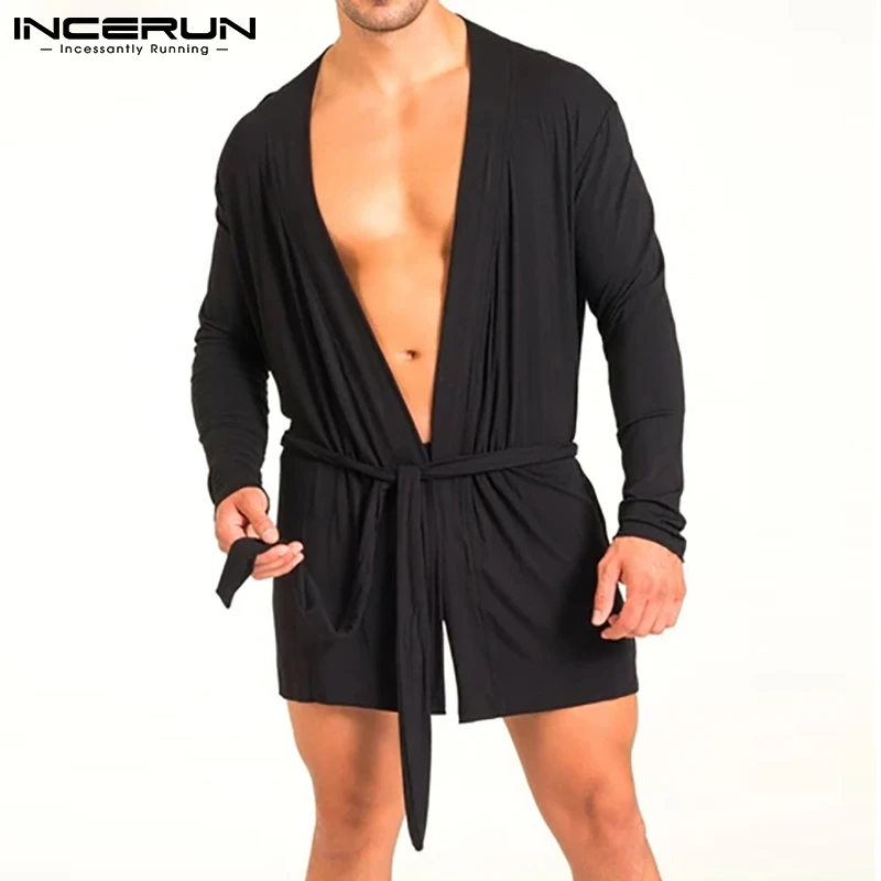 INCERUN Solid Color Men Robes Homewear Long Sleeve Open Stitch Cozy Nightgown With Belt 2022 Loose Sexy Leisure Mens Bathrobes mens cotton pajama sets
