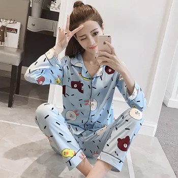 

Autumn Women's Pajamas Sets with Flower Print Fashion Luxury Female Faux Silk Two Pieces Shirts + Pants Nighties Sleepwear