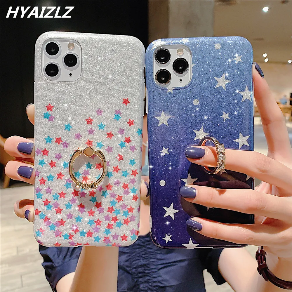 Plating Glitter Phone Case for iPhone 11 Pro Max XR XS SE 2020 7 8 Plus Soft IMD Ring Holder Bling Star Flowers New Trend Cover | Мобильные