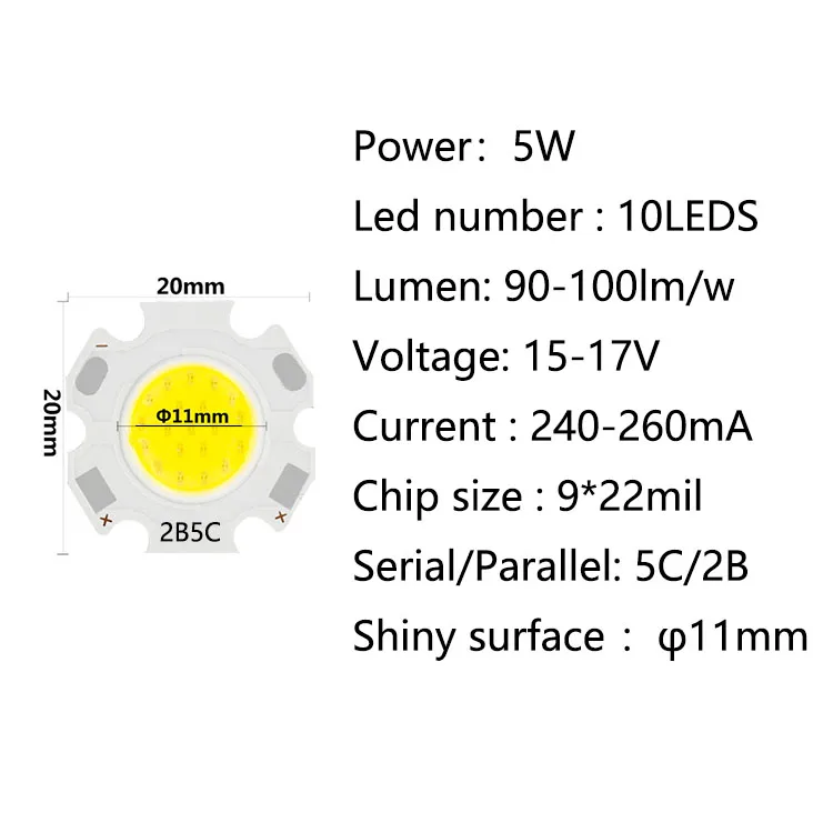 20 шт. в партии, мощный светодиодный светильник COB 20 мм, 3W, 5 Вт, 7 Вт, 10 Вт, светодиодный светильник-источник, точечный светильник, светильник