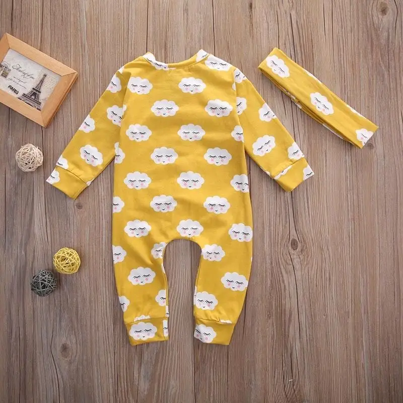 Комбинезон с оборками и принтом облака для новорожденных девочек; Пижама; мягкая теплая одежда с длинными рукавами