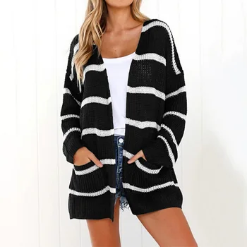 

Women's Long Cardigan Striped Floral Pocket Knit Sweater CoatWomen Sweater Fashion 2020