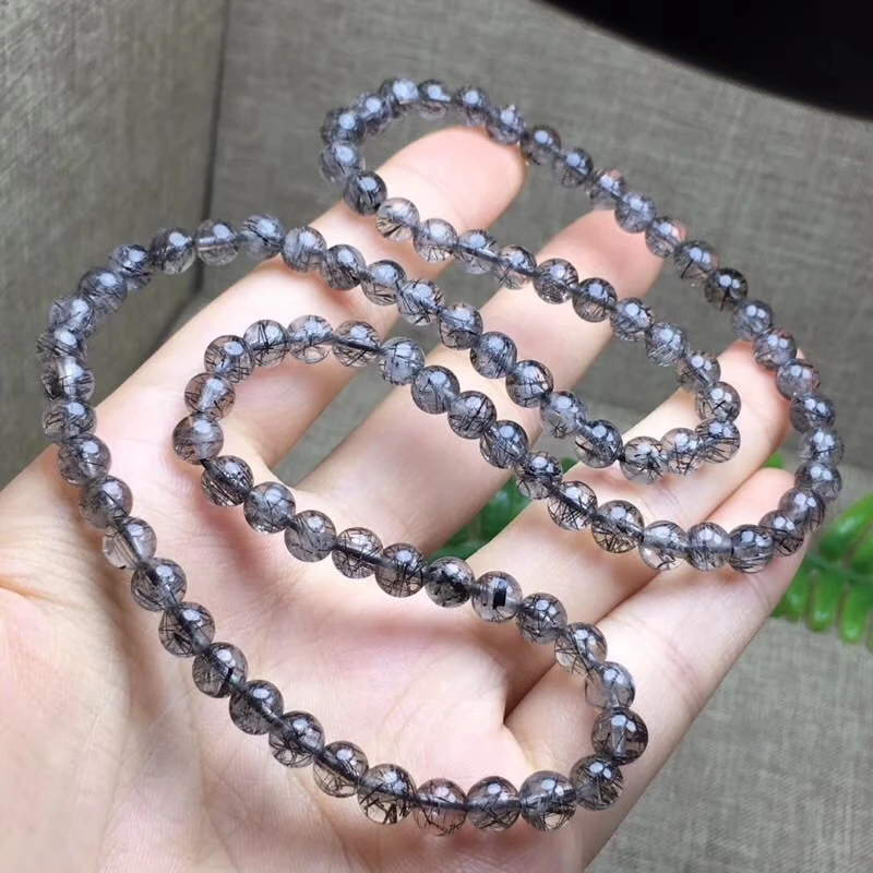 

6mm Top Natural Black Rutilated Quartz Crystal For Women Men 3 Laps Clear Round Beads Stone Bracelet From Brazil AAAAA