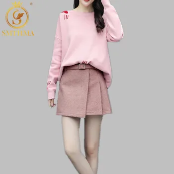 

SMTHMA High Quality New girl Pink Love Heart warm Sweater +High waist Woolen Skirts Suit Winter Women's 2 piece Skirt Set