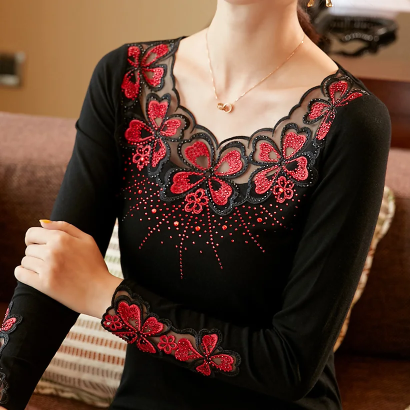 Kopen Blusas mujer de moda 2019 Herfst lange mouw Geborduurde Mesh tops Fashion casual Diamond blouse shirt plus size