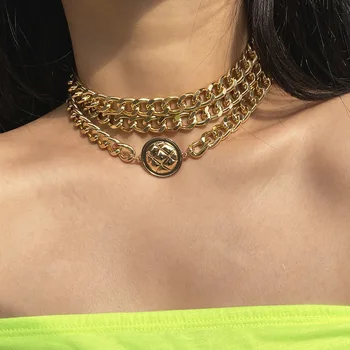 

Hip Hop Short Chunky Chain Choker Pendant Necklace Jewelry For Women Cuban Gold Multi Layer Thick Clavicle Chain Necklace New