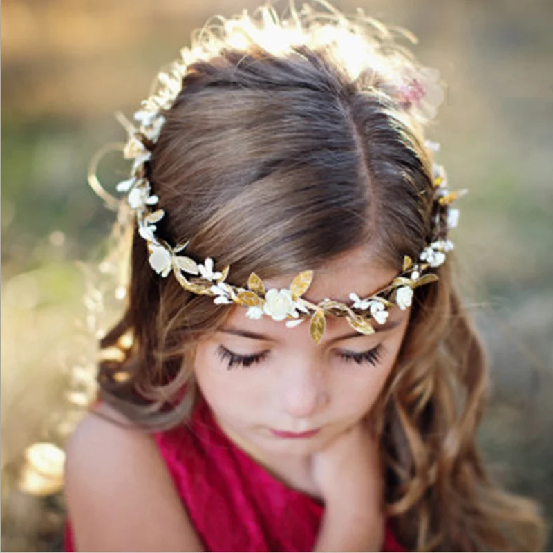 Cute Kids Hair Accessories Gold Leaves Flower Headband Girls Elastic Crown Garland Wreath Hairband