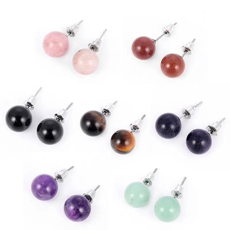Natural Stone Tiger Eye Opal Ball Beads Stud Earrings Jewelry Unisex | Украшения и аксессуары