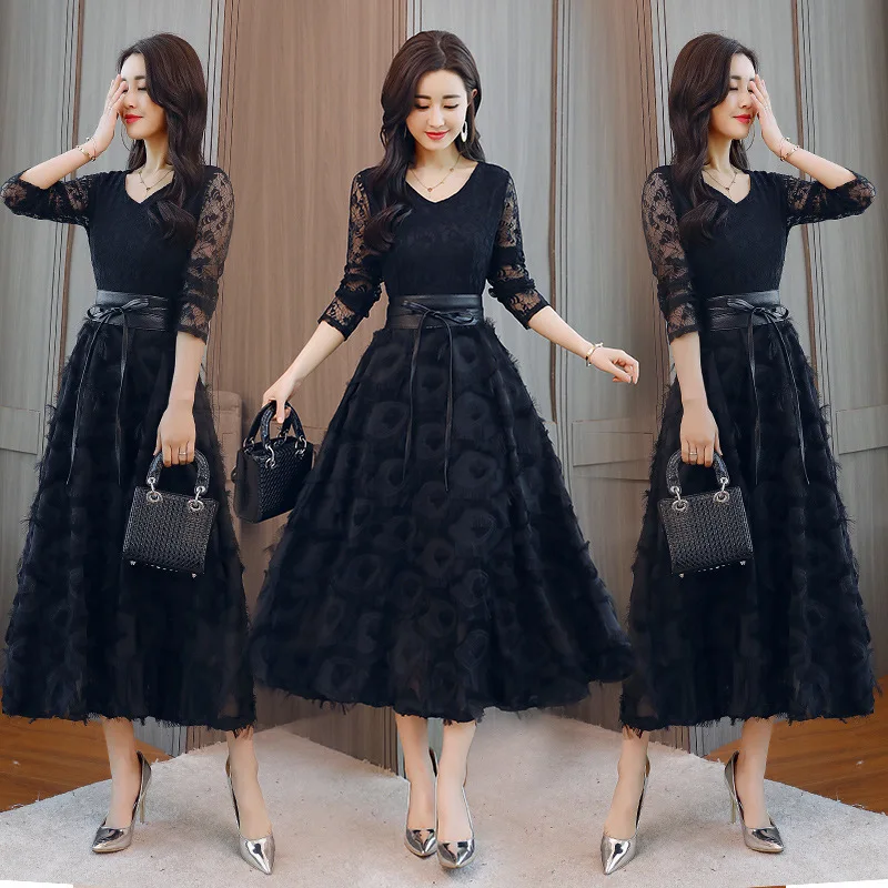 

Lace Dress Female Autumn Mid-length 2018 New Style Korean-style Slim Fit Slimming Elegant Long Sleeve Waist Hugging Base Skirt
