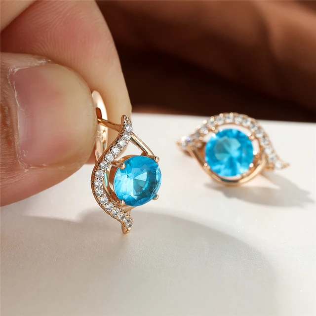 Aqua Blue Crystal Flower Hoop Earrings Multicolor Zircon Water Drop Stone  Earrings Antique Gold Color Wedding Earrings For Women