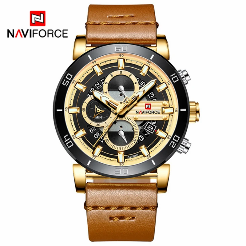 Gold Brown NAVIFORCE, модные роскошные часы, мужские брендовые водонепроницаемые наручные часы, кварцевые часы, мужские кожаные спортивные часы, мужские часы - Цвет: Gold Brown