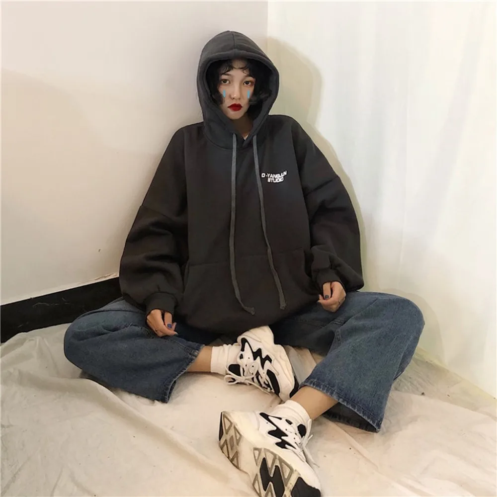 Korean Style Women Casual Loose Hoodies Pullover, Plus Size Pocket Sweatshirt Letter Printed Hoodie sweat femme Female Tops